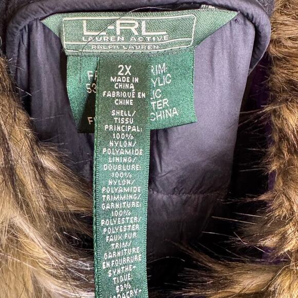 LRL Lauren Ralph Lauren Purple Down Puffer Vest Faux Fur Collar 2X - Picture 5 of 8